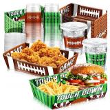 100 Pcs Football Party Supplies Kit for 50: 50 Football Paper Food Trays Serving Boats & 50 16oz Football Plastic Cups With Lids - for Tailgate Events, Disposable & Sport Theme Birthdays