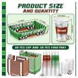 100 Pcs Football Party Supplies Kit for 50: 50 Football Paper Food Trays Serving Boats & 50 16oz Football Plastic Cups With Lids - for Tailgate Events, Disposable & Sport Theme Birthdays