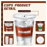 100 Pcs Football Party Supplies Kit for 50: 50 Football Paper Food Trays Serving Boats & 50 16oz Football Plastic Cups With Lids - for Tailgate Events, Disposable & Sport Theme Birthdays