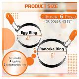 Patelai 6 Pcs Professional Egg Ring Pancake Ring Set Stainless Steel Fried Egg Molds Griddle Pancake Shapers with Orange Silicone Handle for Breakfast Omelette Sandwich(4, 6 Inch)