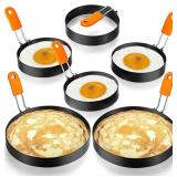 Patelai 6 Pcs Professional Egg Ring Pancake Ring Set Stainless Steel Fried Egg Molds Griddle Pancake Shapers with Orange Silicone Handle for Breakfast Omelette Sandwich(4, 6 Inch)
