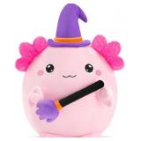 Halloween Axolotl Stuffed Animals, Axolotl Witch with Broom Stuffed Plush Halloween Party Gifts for Kids, Girls and Boys Pink