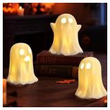 Ghost Halloween Decor - 3Pcs Ceramic Halloween Ghost Decorations Indoor, Light Up Glazed White Ghost Figurines Cute Ceramic Ghost Sculpture for Halloween Night Light Table Tray Decor