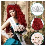 6 Pcs Halloween Singer Costume Set Include Red Long Fluffy Long Curly Afro Wig Bouquet Sash Crown Bow Gloves and Letter Sticker for Halloween Role Playing Party and Daily Supplies