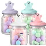 Nitial 4 Pcs Halloween Ghost Glass Jar with Cap 7.8 oz Cute Ghost Clear Candy Jar Decorative Food Storage Canister with Airtight Ceramic Lid for Halloween Party Tea Cookie Table Decoration