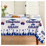 Horaldaily Graduation Tablecloth 60 84 Inch Rectangular, Congrats Grad White Blue Washable Seasonal Table Cover for Graduation Party Decorations and Party Supplies