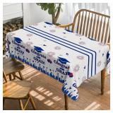 Horaldaily Graduation Tablecloth 60 84 Inch Rectangular, Congrats Grad White Blue Washable Seasonal Table Cover for Graduation Party Decorations and Party Supplies