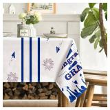 Horaldaily Graduation Tablecloth 60 84 Inch Rectangular, Congrats Grad White Blue Washable Seasonal Table Cover for Graduation Party Decorations and Party Supplies