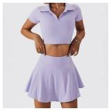 2 Piece Tennis Dress for Women High Waist Pleated Tennis Skirt with Shorts Short Sleeve Crop Golf Workout Skirts Sets. Size XL