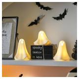Ceramic Ghost Decor, 3Pcs Light Up Ghosts for Indoor Halloween Decorations, Battery Powered White Mini Ghost Figurines with LED for Spooky Halloween, Home Tabletop Shelf Centerpieces