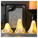 Ceramic Ghost Decor, 3Pcs Light Up Ghosts for Indoor Halloween Decorations, Battery Powered White Mini Ghost Figurines with LED for Spooky Halloween, Home Tabletop Shelf Centerpieces