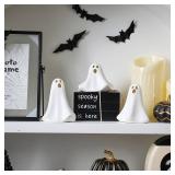 Ceramic Ghost Decor, 3Pcs Light Up Ghosts for Indoor Halloween Decorations, Battery Powered White Mini Ghost Figurines with LED for Spooky Halloween, Home Tabletop Shelf Centerpieces