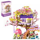 Cherry Blossom Treehouse Building Block Set, Japanese Sakura Flower House Model Kit, Micro Building Blocks Construction Toy