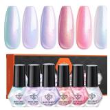 modelones Nail Polish Set, 6 Colors Chrome Pearl Shimmer Pink Purple White Aurora Iridescent Green Quick Dry Nail Polish Kit Gifts for Women 2025 Salon DIY Manicure Kit
