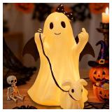Ghost Walking Dog Statue Decor with LED, Halloween Spooky Ghost Dog Resin Figurine,Cute Light-Up Finger Ghost Decorations for Party, Home, Bedroom, Shelf, Table Centerpiece (Girl)