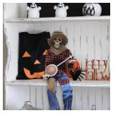 Halloween Animated Banjo Skeletons Spooky Luminous Skeleton Guitarist Activate Music Multilingual Skeleton Statues for Halloween Autumn Interior Decoration Photos Props (Red)
