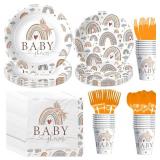 Boho Baby Shower Decorations Tableware, Boho Rainbow Baby Shower Decorations, Paper Plate, Napkin, Cup, Disposable Cutlery, Retro Rainbow Theme Baby Girl Party Supplies, 24 Guests