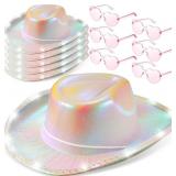Janmercy 6 Pack Led Cowboy Hats Light Up Glitter Space Cowgirl Hat with 6 Heart Sunglasses for Women Girls and Men (White)