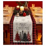 Xmas Tree Christmas Table Runner - 13x72 Buffalo Plaid Christmas Tree Table Runner with Snowflake Merry Xmas Decor, Vintage Farmhouse Rustic Winter Decoration for Home Kitchen Dinner Party