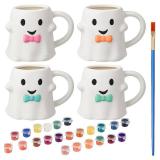 Jingmore 4 Sets Halloween Ceramic to Paint Mug Ghost Coffee Mug Halloween Craft for Adult Paint Your Own Cup DIY for Adults Includes Ceramic White Coffee Cup and Painting Supplies