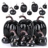 12 Pcs Large Black Disco Pumpkins Halloween Artificial Glitter Mirror Pumpkin Fall Table Sparkly Centerpiece Decor Thanksgiving Assorted Harvest Hanging Pumpkins for Autumn Farmhouse Home Decorations