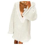 Saodimallsu Women Crochet Cover Up Long Sleeve Deep V Neck Hollow Out Sweater Oversized Beach Mini Dress Bathing Suit Coverup