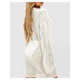 Saodimallsu Women Crochet Cover Up Long Sleeve Deep V Neck Hollow Out Sweater Oversized Beach Mini Dress Bathing Suit Coverup