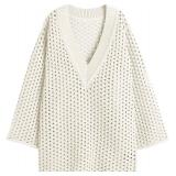 Saodimallsu Women Crochet Cover Up Long Sleeve Deep V Neck Hollow Out Sweater Oversized Beach Mini Dress Bathing Suit Coverup