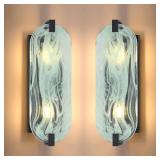 $110 2 Light Oval Green Glass Bathroom Wall Sconce Modern Concise Style Wall Light Fixture,Black Finish for Bedroom Hallway Bedside