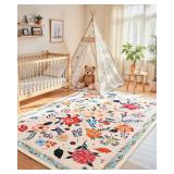 4x6 Floral Rug for Girls Bedroom, Machine Washable Area Rugs with Non Slip Backingfor Living Room, Cute Flowers Carpet Kitchen Dining Room Kids Playroom Decor, Peach White