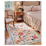 4x6 Floral Rug for Girls Bedroom, Machine Washable Area Rugs with Non Slip Backingfor Living Room, Cute Flowers Carpet Kitchen Dining Room Kids Playroom Decor, Peach White