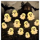 JOYIN Halloween Decorations Outdoor Solar Cute Ghost Lights, 2 Pcs 12LEDs Solar Powered Hovering Ghost Yard Stakes, Cute LED Pathway Lights Decor for Halloween Graveyard Garden Yard Patio Lawn