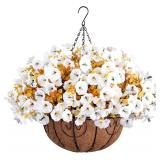 Artificial Fall Flowers Fake Hanging Plants Flowers Basket for Outdoors Autumn Decoration, Silk Morning Glory with Eucalyptus Look Real UV Resistant Faux Flowers for Outside Porch Patio Balcony, White