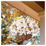 Artificial Fall Flowers Fake Hanging Plants Flowers Basket for Outdoors Autumn Decoration, Silk Morning Glory with Eucalyptus Look Real UV Resistant Faux Flowers for Outside Porch Patio Balcony, White