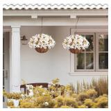 Artificial Fall Flowers Fake Hanging Plants Flowers Basket for Outdoors Autumn Decoration, Silk Morning Glory with Eucalyptus Look Real UV Resistant Faux Flowers for Outside Porch Patio Balcony, White