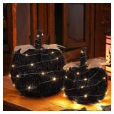 2 Pcs Halloween Rattan Lighted Pumpkin Decorations Artificial Black Pumpkin Lanterns LED Fall Lighted Harvest Indoor Outdoor Thanksgiving Decor Porch, 8 6 Inch