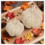 winemana 2 Pack Woven Pumpkin Decor - Fall & Thanksgiving Home Decorations, White Pumpkins Farmhouse Autumn Centerpieces for Table, Mantel, Porch Decor (Cattail Material, Assorted Size)