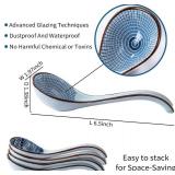 Ceramic Soup Spoons Set of 4, Ramen Spoons for Pho, Noodle, Dessert Serving Spoon Set, Japanese Asian Soup Spoon, Microwave Safe, Blue White