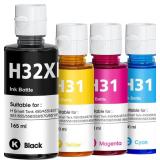 31 32XL Ink Bottle Set High Yield Ink Refills Compatible for HP Smart Tank 5101 7301 7602 7001 6001 Plus 551 651 455 457 450 All-in-One Printers, 4-Pack (165ML 32XL Black Ink, 100ML 31 Color Ink)