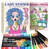 Stoner Coloring Book for Adults Relaxation - 2 pcs Cozy Weed Girl Moments Coloring Book for Women with Markers - Funny Stress Relief Self Care Gifts - Get Well Gifts After Cancer Surgery