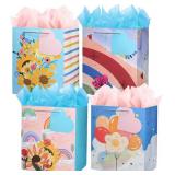 PrintGuru Large Gift Bags with Tissue Paper and Gift Tags, 4 Pack Assorted Gift Bags for Birthdays, Baby Shower, Wedding, Holidays, Party Favor, 10.2 W x 12.6 H x 4.9 D, Flowers and Rainbow Design