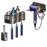 Wall Mounted Holders Set for Bathrooms-3 Cups Toothbrush Holder with Cosmetic Organizer & Toothpaste Dispenser & Hair Dryer Holder, Dark Grey