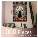 Spooky Night Jigsaw Puzzle 1000 Pieces for Adult,Families(Skeleton,Skull Man,Black Cat,Bat,Mirror Full Moon) Pieces Fit Together Perfectly 19.7