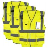 3 Pack Bright yellow mesh Safety Reflective Vests 7 Pockets, 2 Shoulder Lanyards. One size fits All