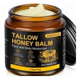 Organic Beef Tallow for Skin, Face & Body Moisturizer, Whipped Tallow Honey Balm Cream with Raw Honey, Grass Fed Cow Beef Tallow, All Natural Pure Body Lotion for Soft Smooth Skin, Unscented 4.2 OZ