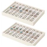 Stackable Jewelry Organizer Tray For Drawers,White Leather Small Earring Storage Tray,Bracelet And Necklace Display Box,Jewelry Ring Display Case (Creamy White 80 Grids Ring)