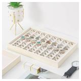 Stackable Jewelry Organizer Tray For Drawers,White Leather Small Earring Storage Tray,Bracelet And Necklace Display Box,Jewelry Ring Display Case (Creamy White 80 Grids Ring)