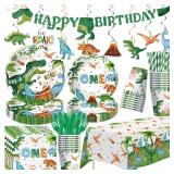 Dinosaur First Birthday Party Supplies Tableware, Dino Theme Dinosaur Party Decorations for 1st Birthday Baby Shower, Paper Plate, Cup, Napkin, Tablecloth, Cutlery, Swirls, Banner, Serves 24