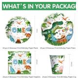 Dinosaur First Birthday Party Supplies Tableware, Dino Theme Dinosaur Party Decorations for 1st Birthday Baby Shower, Paper Plate, Cup, Napkin, Tablecloth, Cutlery, Swirls, Banner, Serves 24