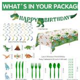 Dinosaur First Birthday Party Supplies Tableware, Dino Theme Dinosaur Party Decorations for 1st Birthday Baby Shower, Paper Plate, Cup, Napkin, Tablecloth, Cutlery, Swirls, Banner, Serves 24